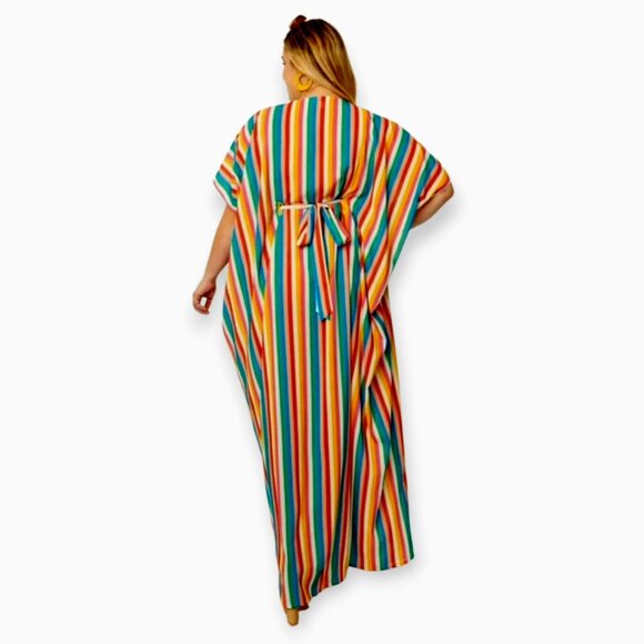 Rainbow Mood: Unique Vintage Caftan Dress – Flowy Summer Vibes One Size - Picture 4 of 16
